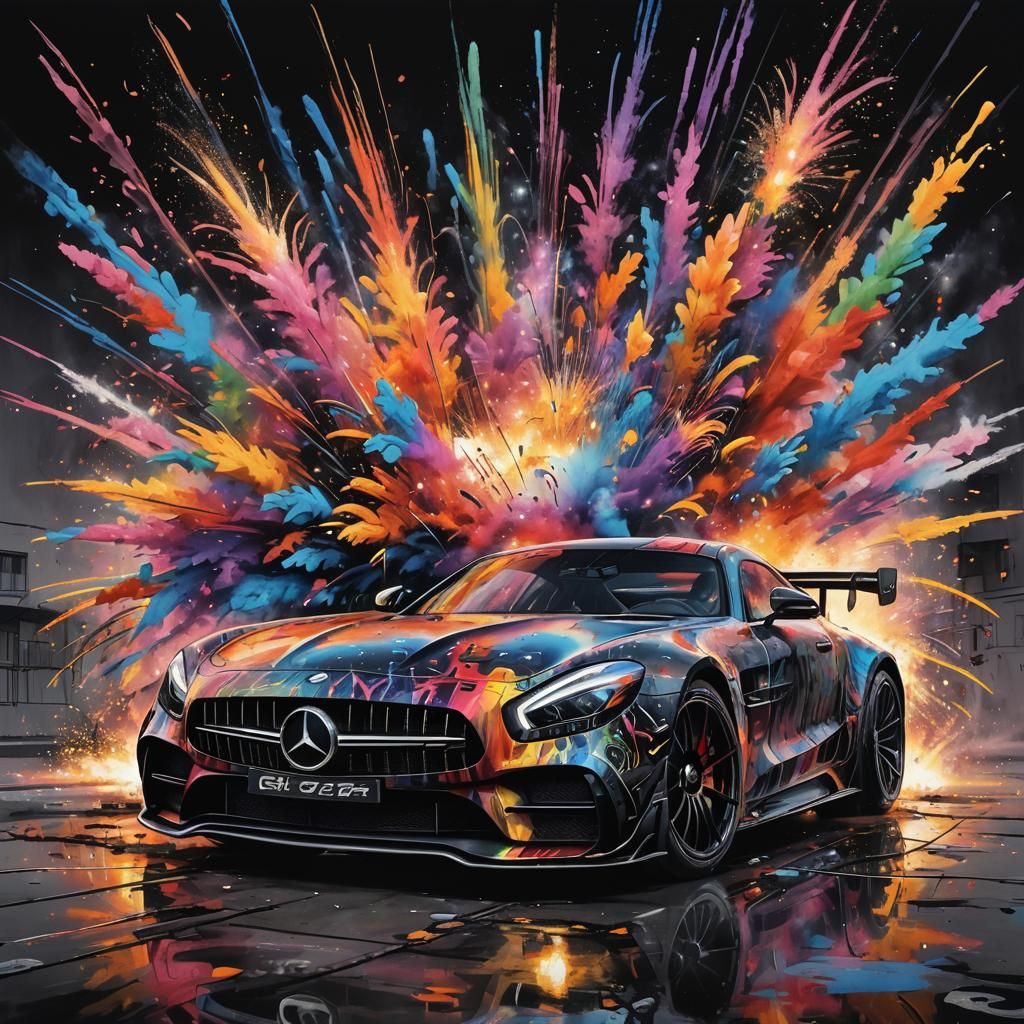 Fireworks Over Black Mercedes GTR: Graffiti Art