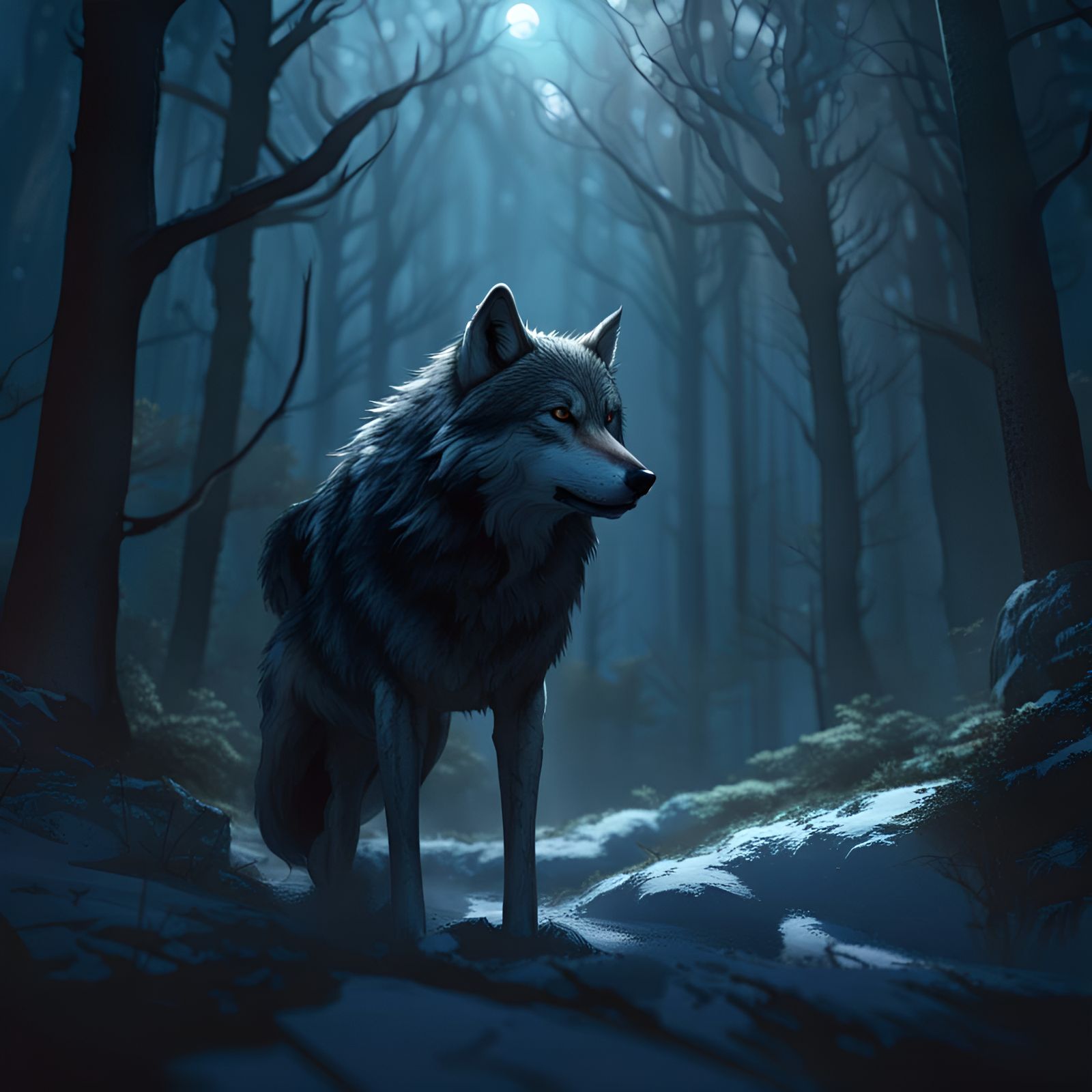Winter Wolf in Forest: Dark Fantasy Concept Art