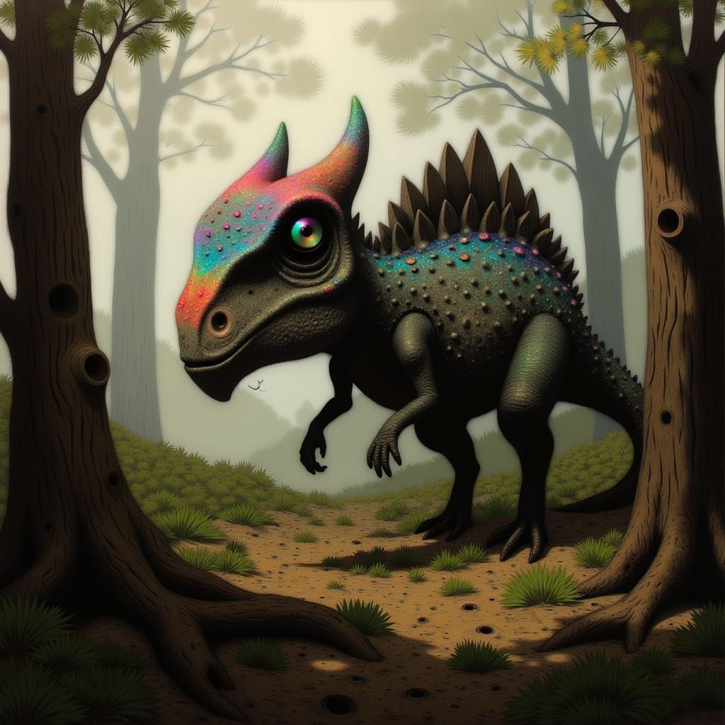 Ancient Dinosaur Strolls Through a Prehistoric Forest in a R...