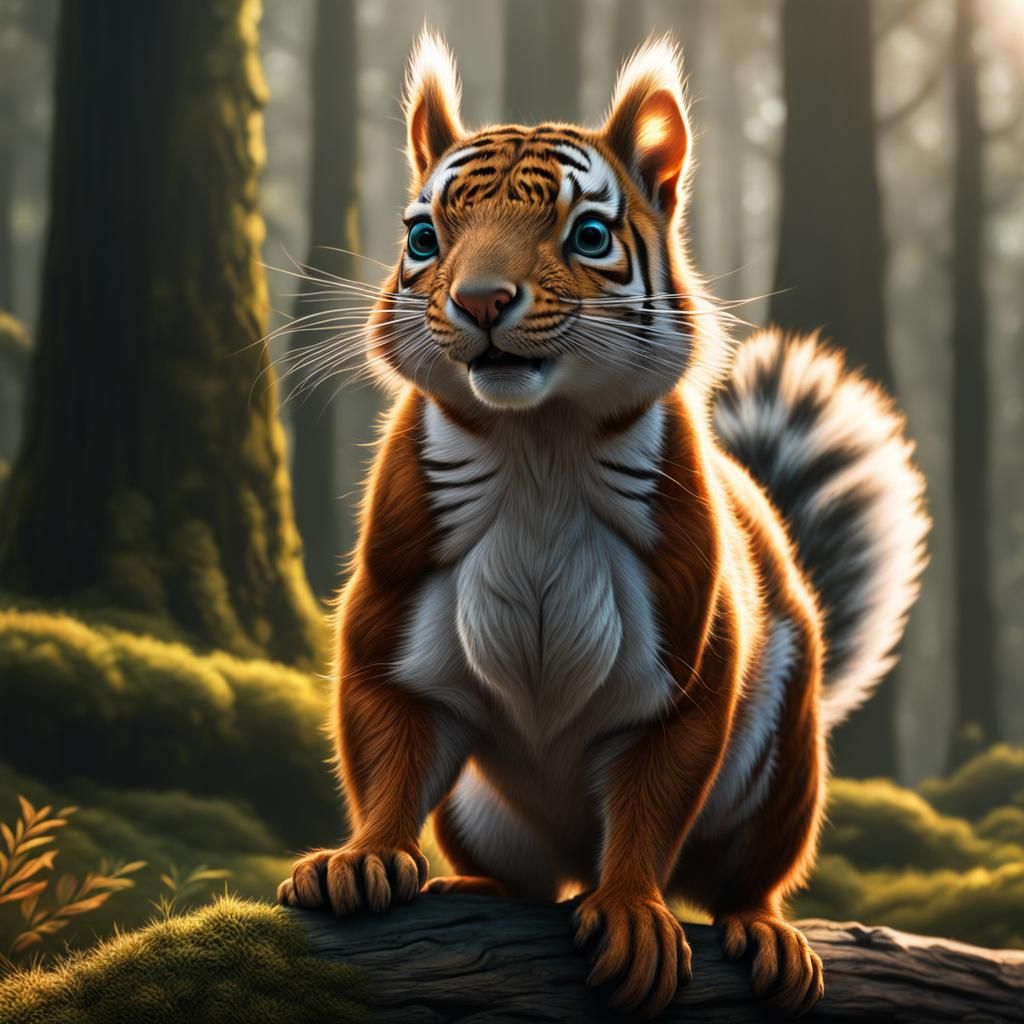 Squirrel Tiger Hybrid in a Cinematic Fantasy Scene