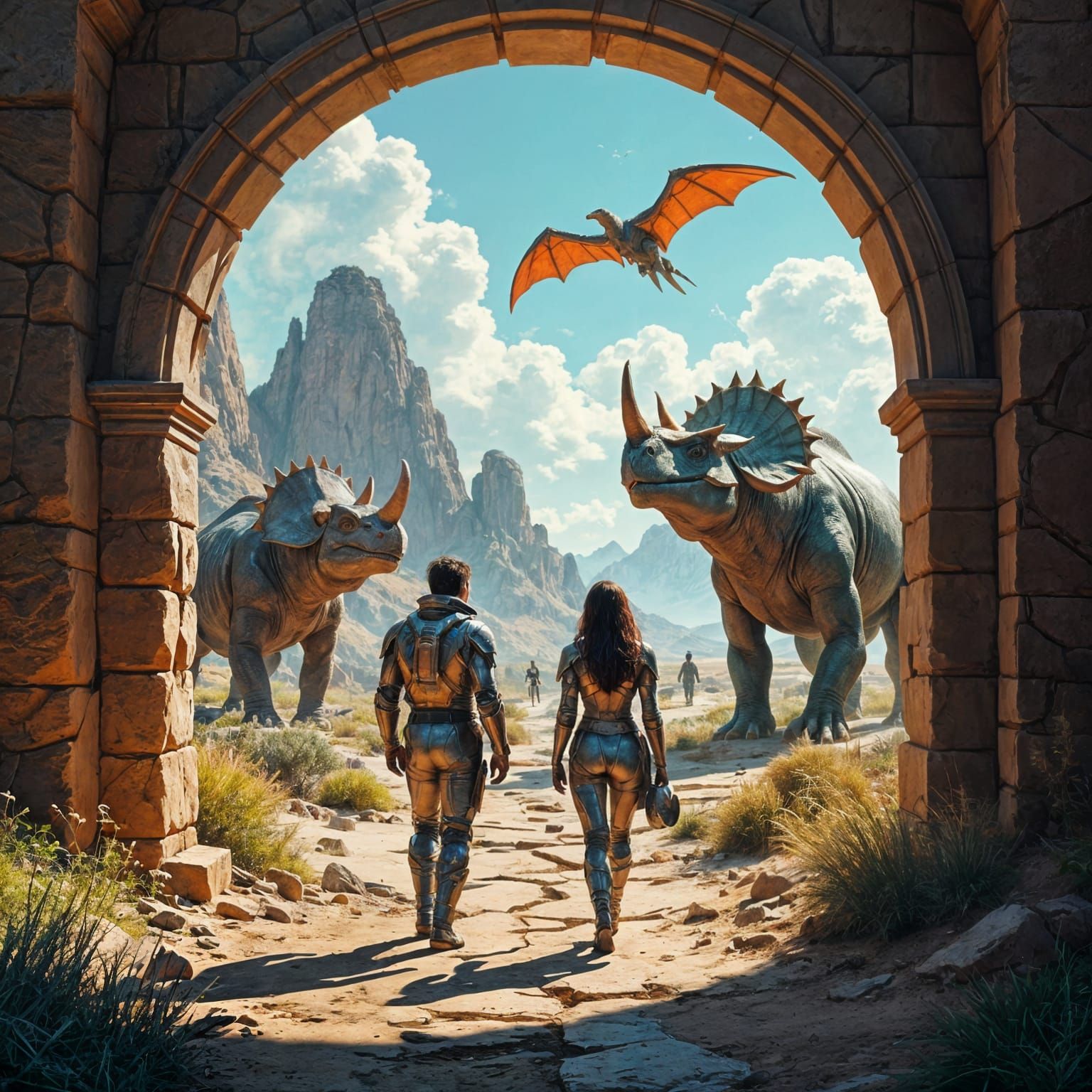 Futuristic Couple's Journey to Prehistoric Times