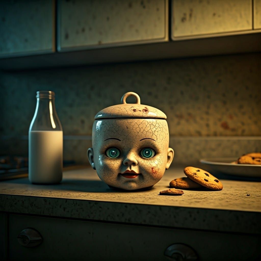 Eerie Porcelain Doll Cookie Jar in Retro Kitchen