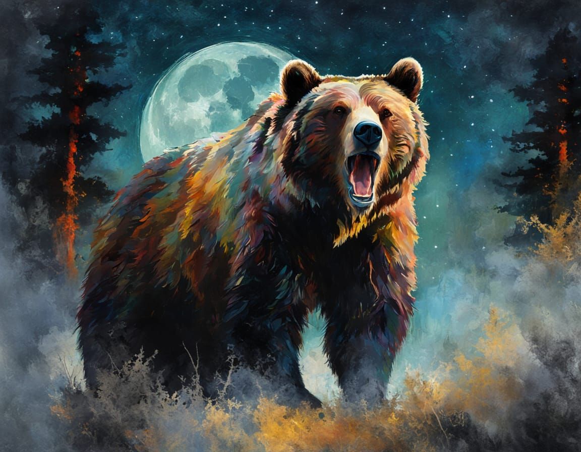 Impressionist Grizzly Bear Under the Misty Moon