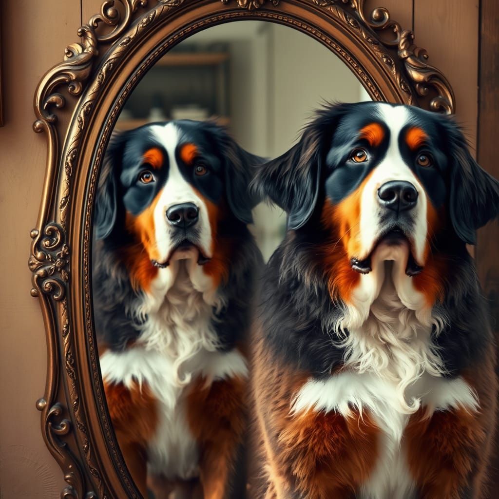 Bernese Mountain Dog Contemplates its Reflection in a Vintag...