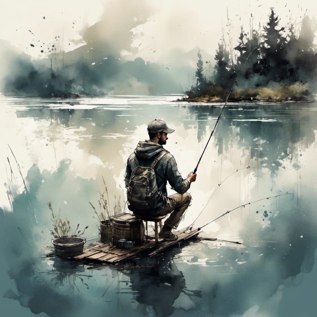 Man Fishing on Lake: Ink Paint Sketch Concept