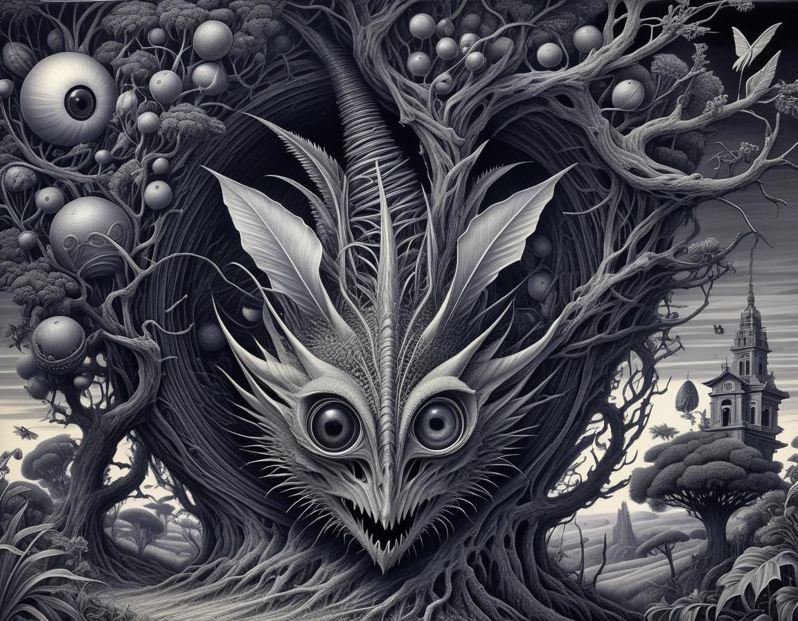 Surreal Insectoid Landscape with Seed Pod, Detailed Drawing