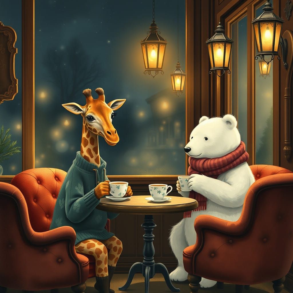 Whimsical Café Scene with Giraffe and Polar Bear
