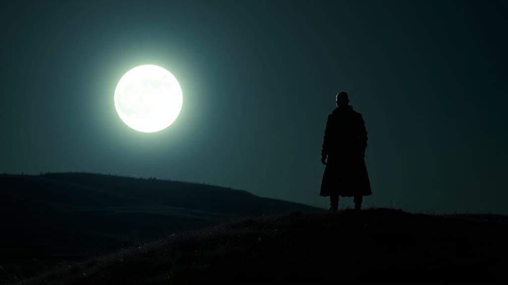 Lone Figure Lit by Moon in Cinematic Style