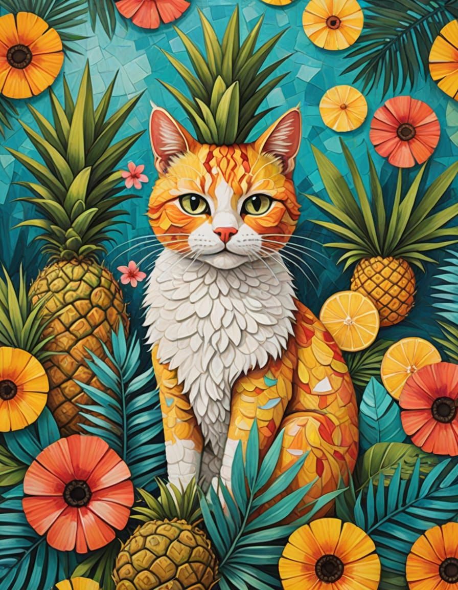 Whimsical Feline Sculpture in Pina Colada Tropical Setting