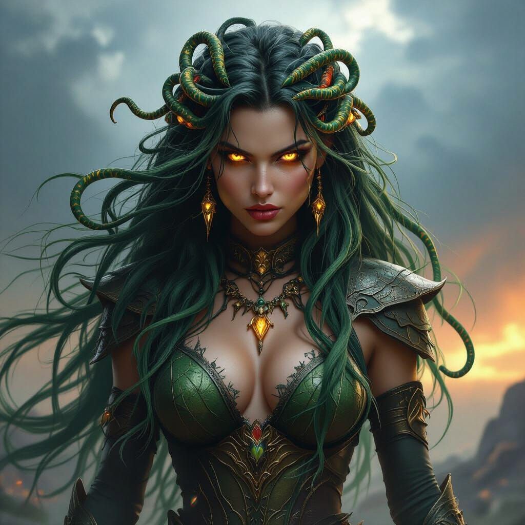 Medusa Hybrid Creature in Stormy Sky