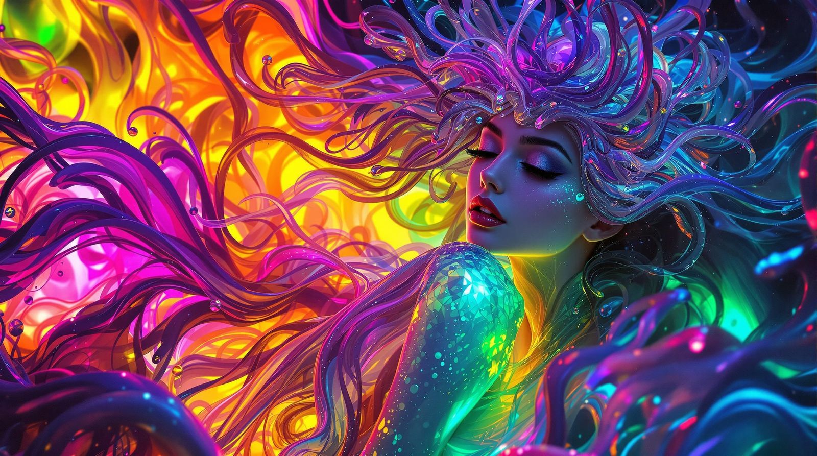 Ethereal Lady in Liquid Neon Gown