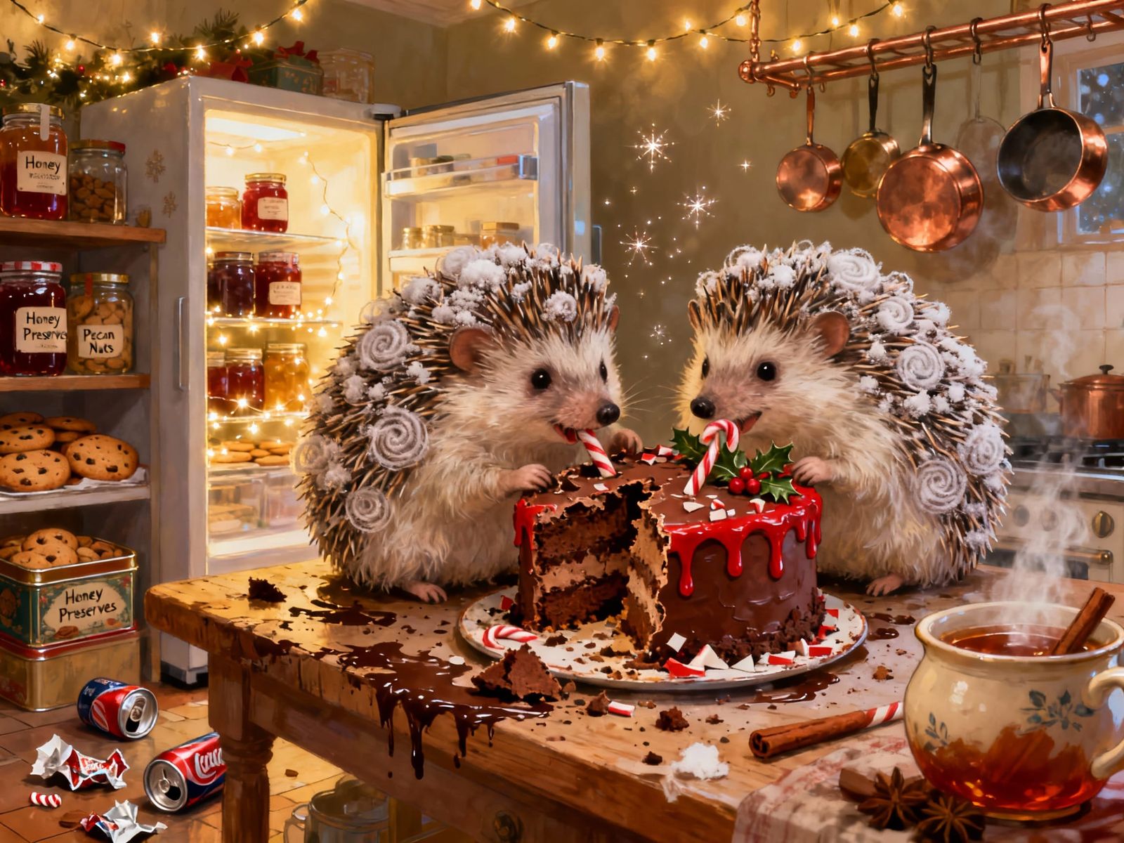 Cute Hedgehogs Feast on Messy Christmas Cake
