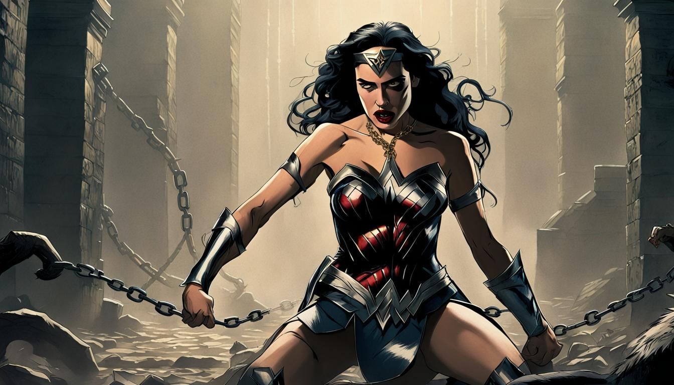 Wonder Woman Defeated by Minotaur in Labyrinth