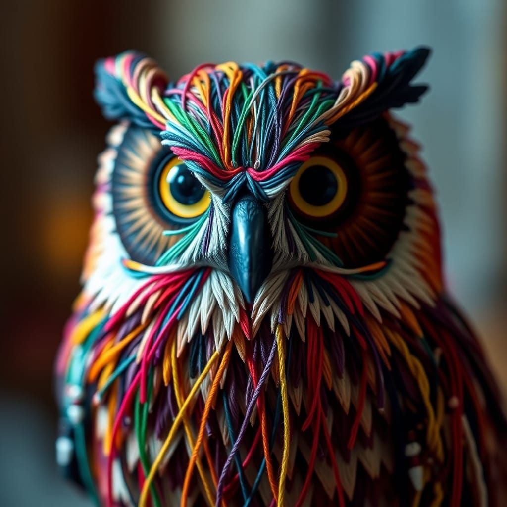 Hyperrealistic Owl Made of Colorful String