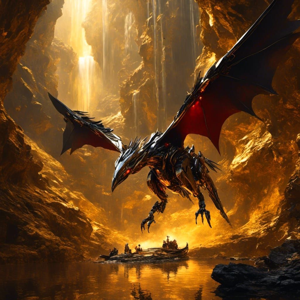 Mechanical Pterodactyl Soaring Through Golden Waterfalls