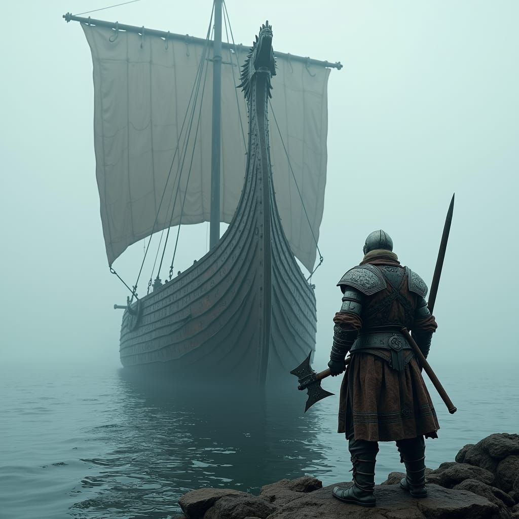 Viking Warrior on Drakkar Ship in Steel Armor