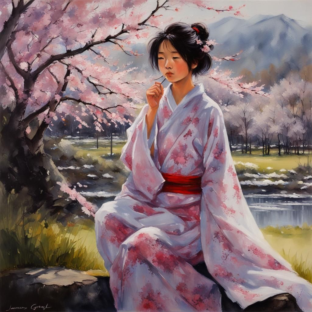 beautiful japanese woman and a cherry blossom tree by artist...
