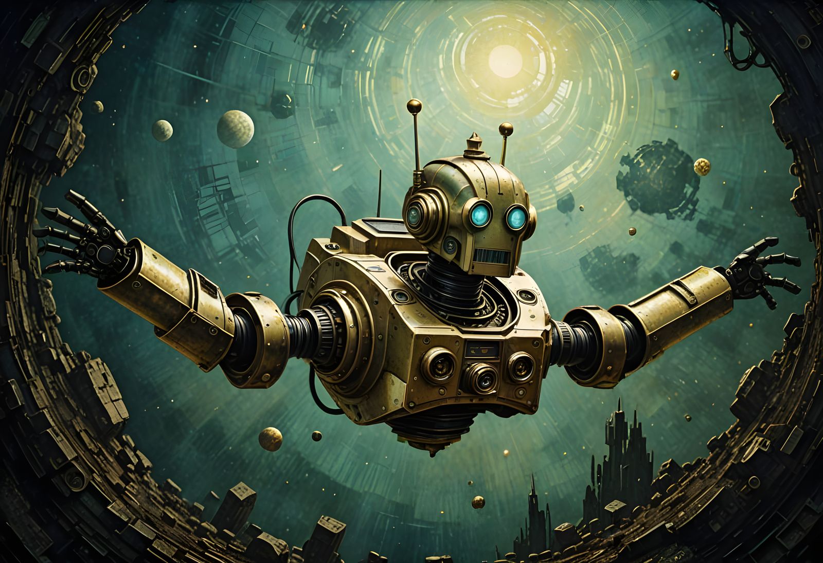 Vintage Robot on Venus in Old Encaustic Style