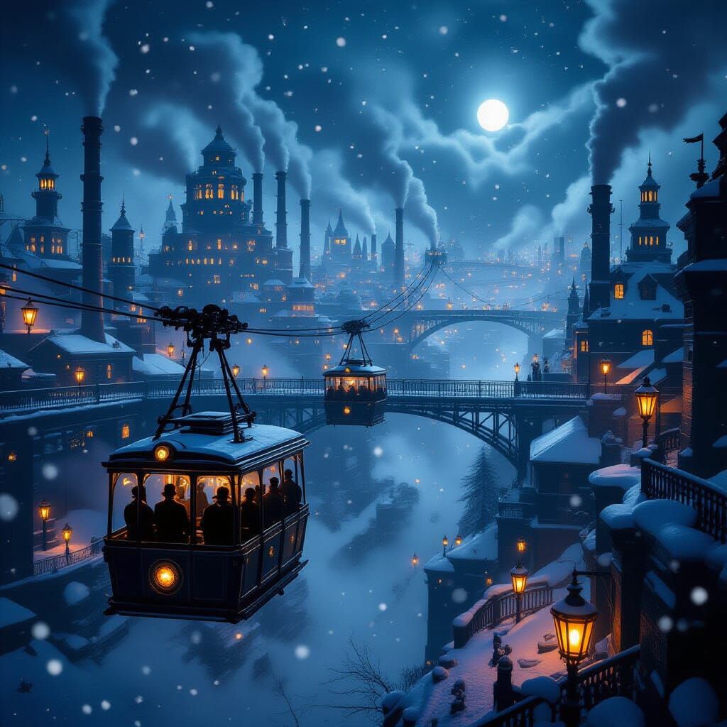 Steampunk Cityscape in Snow at Night