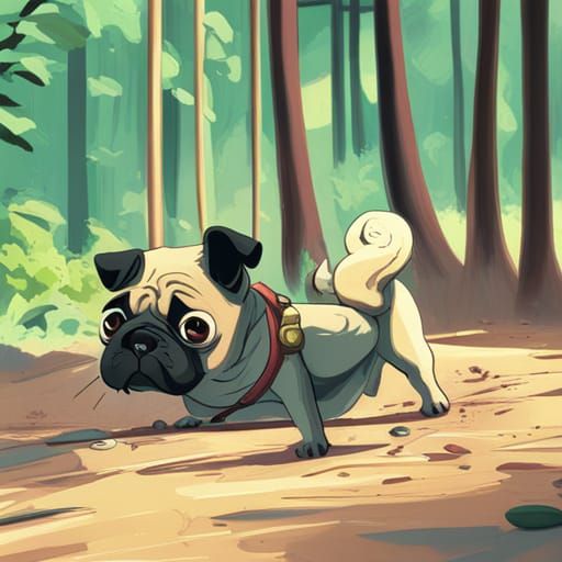 Playful Pug in Studio Ghibli Anime Style