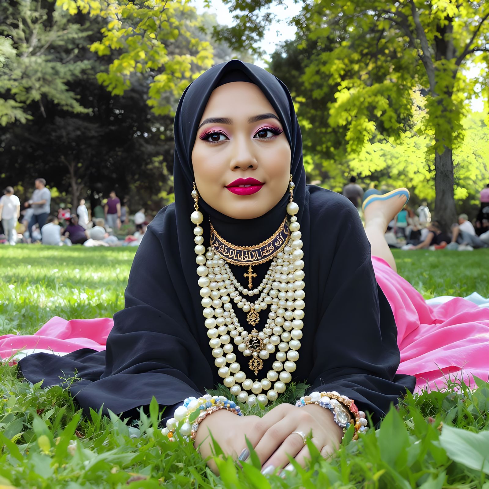 Woman in Hijab with Pearl Jewelry in Park