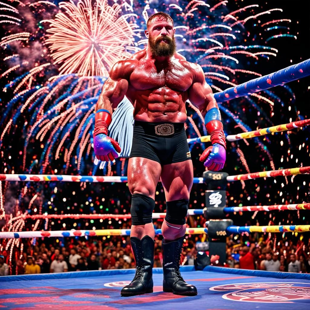 Triumphant Wrestler in Ring with Fireworks Display