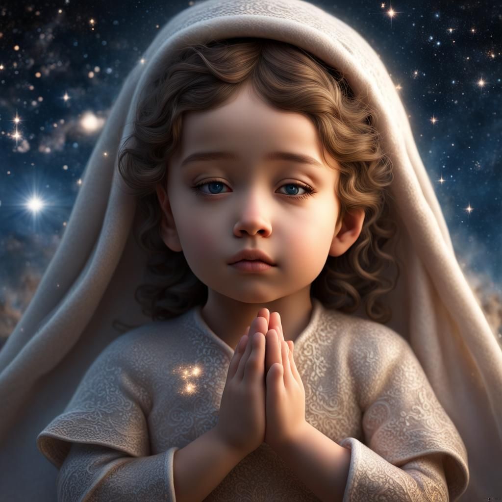 Goddess Praying in Cosmos, Photorealistic CGI Portrait