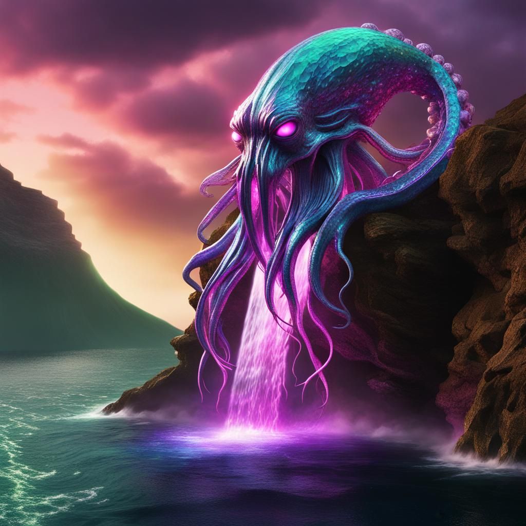 Opalescent Alien Kraken on Sea Cliff as Digital Art