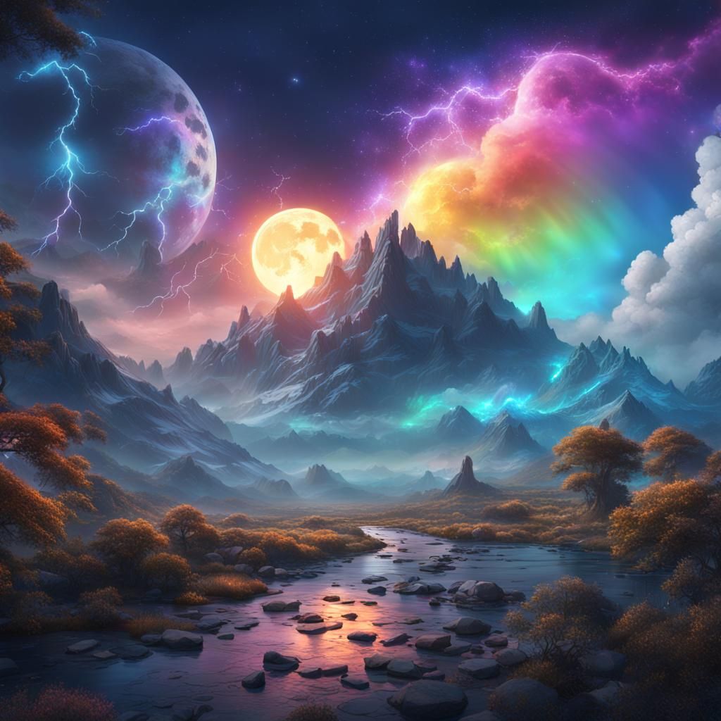 Iridescent Celestial Landscape with Rainbow Lightning