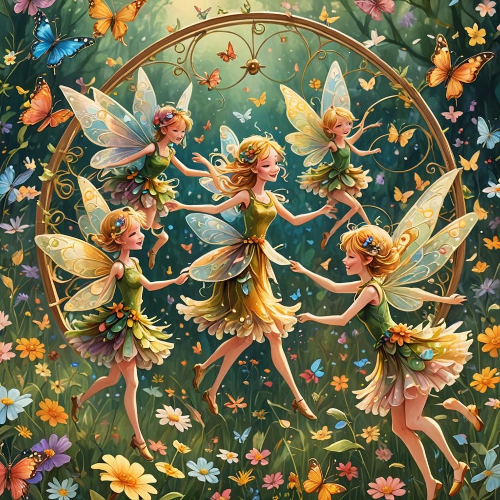 Dancing Fairies with Butterflies in Lush Meadow