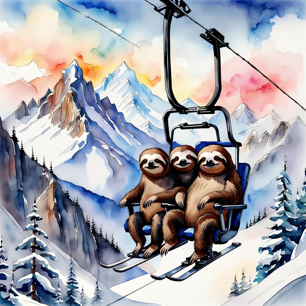 Sloths on Ski Lift: Watercolour Winter Scene