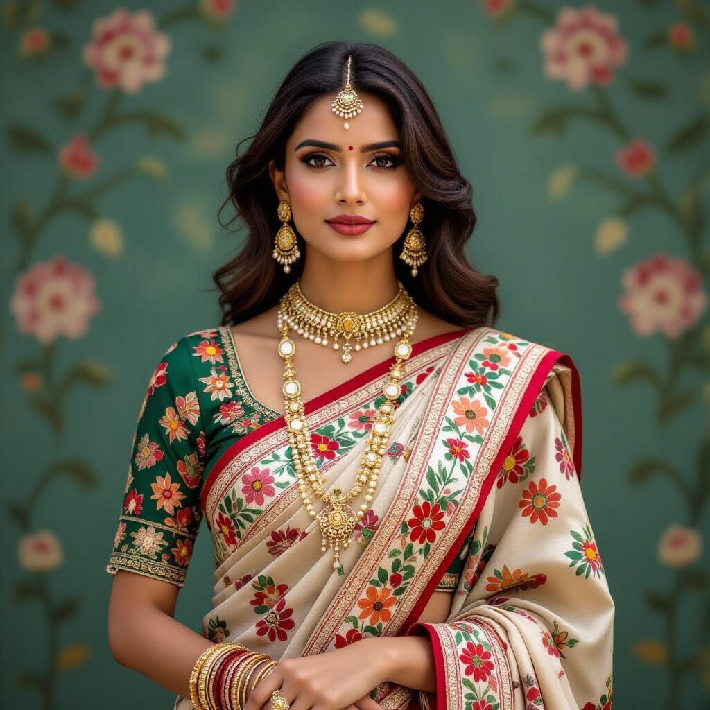 Indian Woman in Embroidered Sari as Traditional Painting