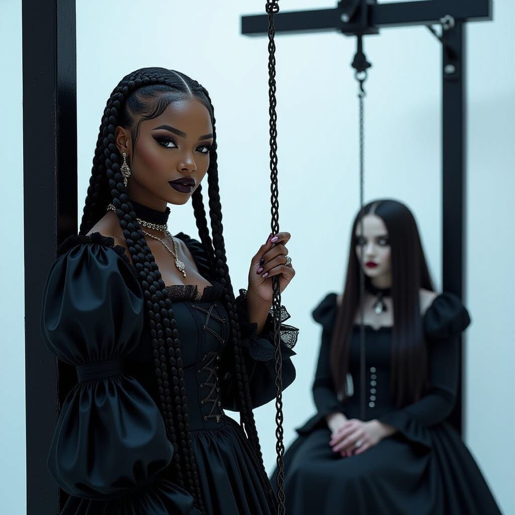 Gothic Woman Beside Guillotine, Photorealistic Style