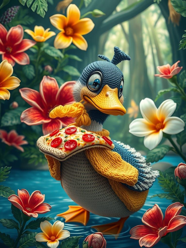 Duck in Rainforest Eating Pizza, Klimt Style