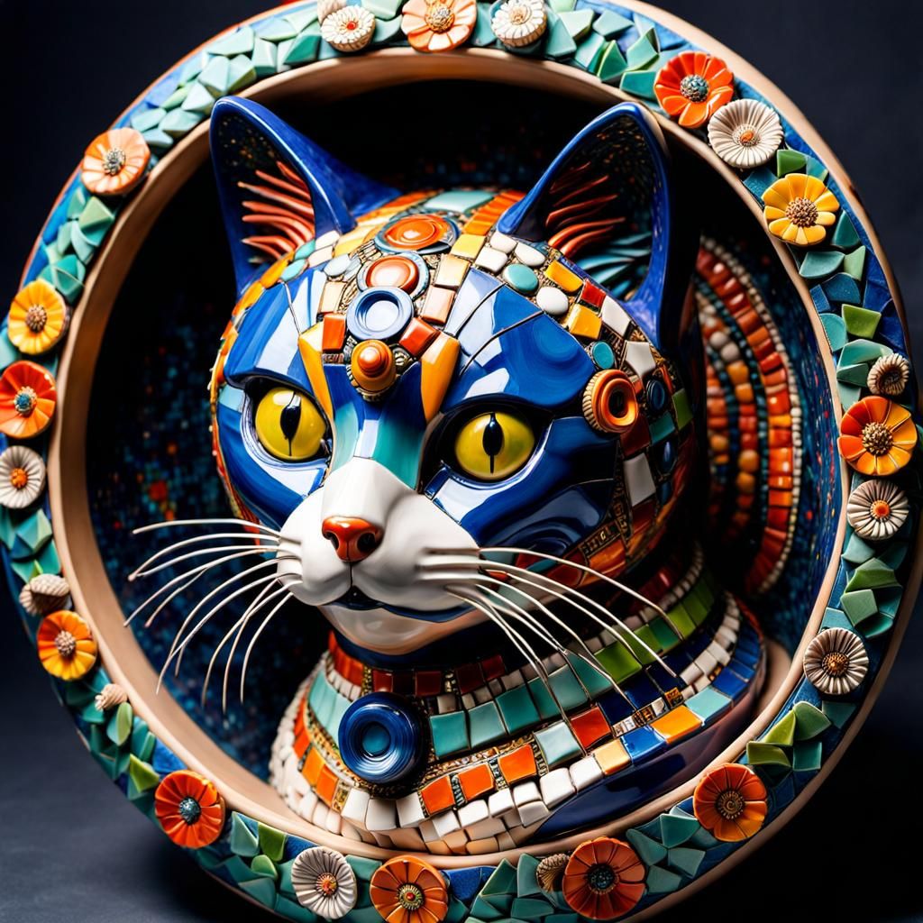 Colorful Robotic Cat Ceramic Sculpture