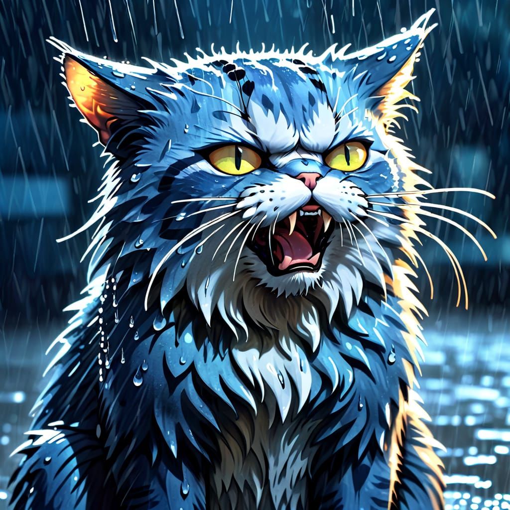 A angry drenched gray cat anime style