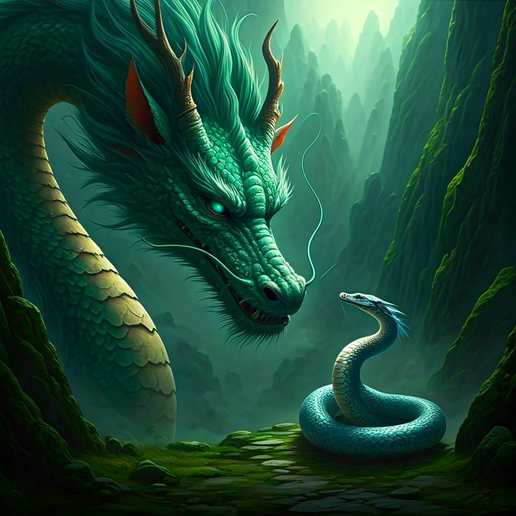 Ancient Dragon Watches Over Serpent in Misty Xianxia Landsca...