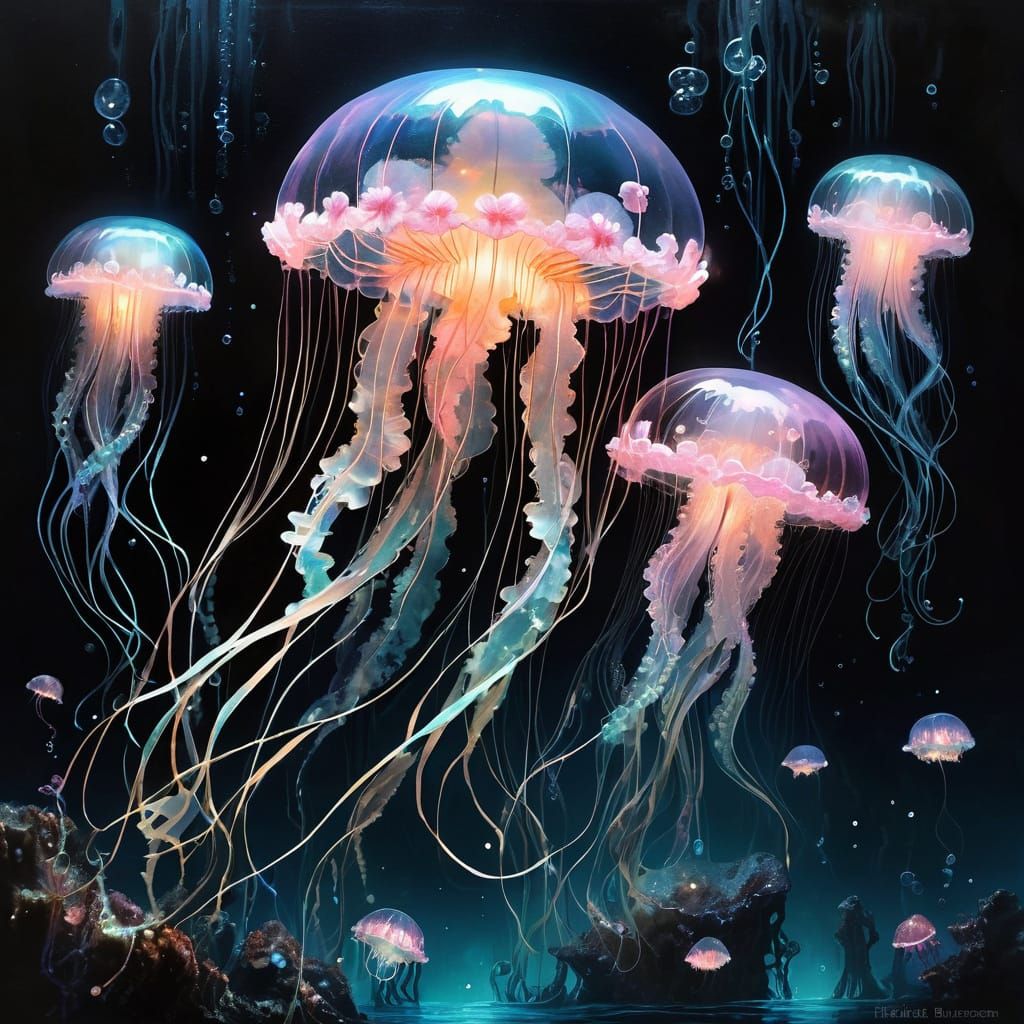 Bioluminescent Jellyfish with Porcelain Flowers