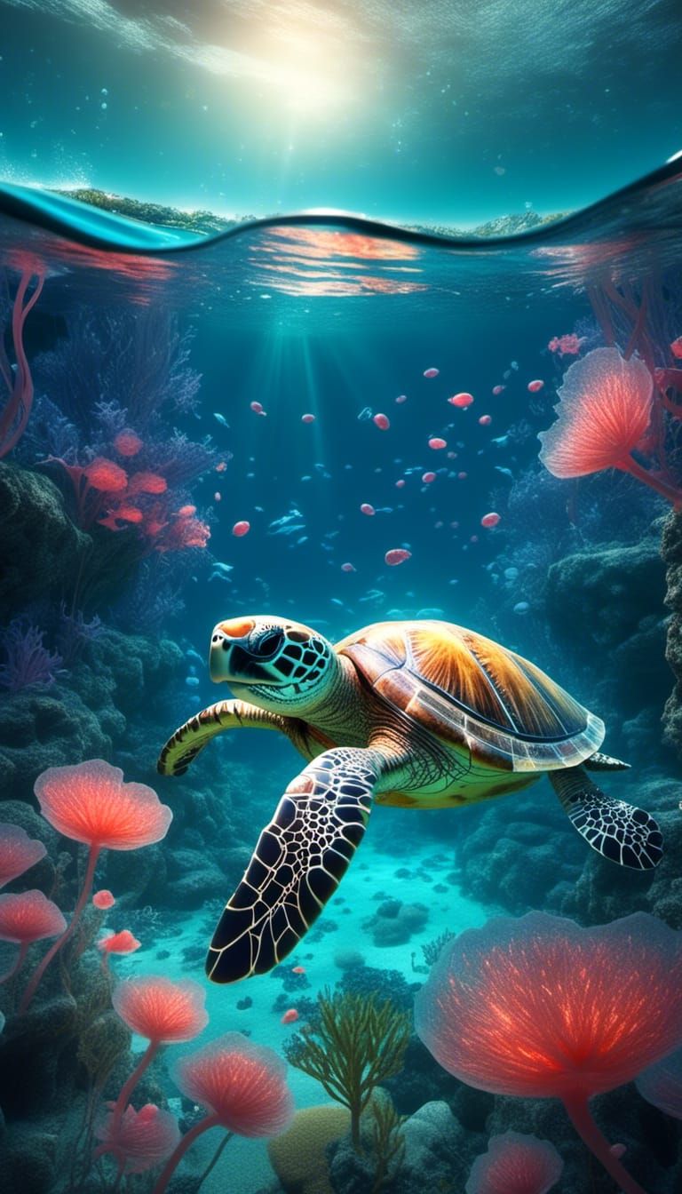 Turtle's Underwater Fantasy: A 3D Watercolor Dream
