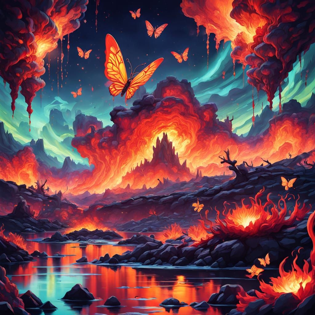 Surreal Molten Valley with Glowing Butterflies