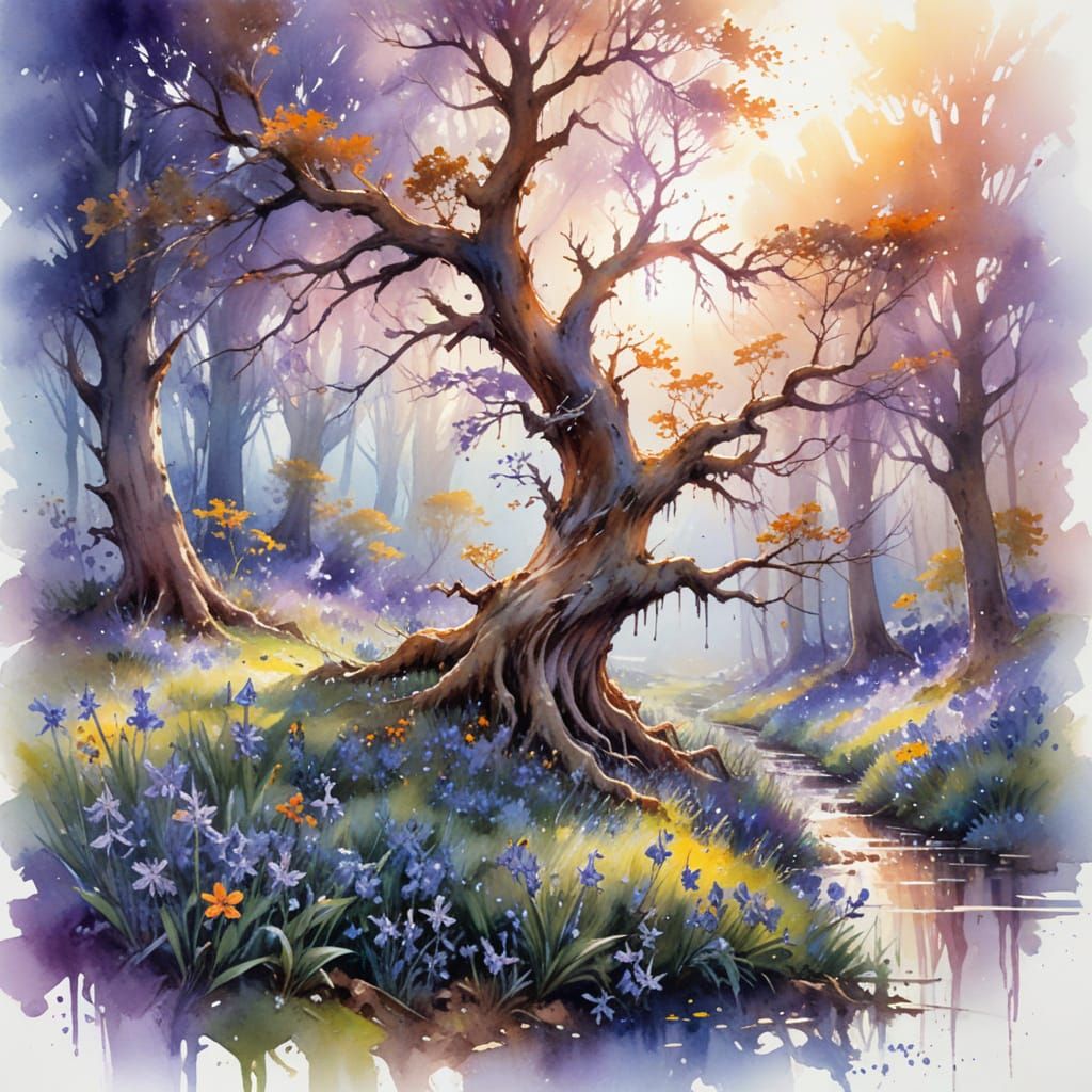 Lone Oak Tree at Dawn in Watercolour Style