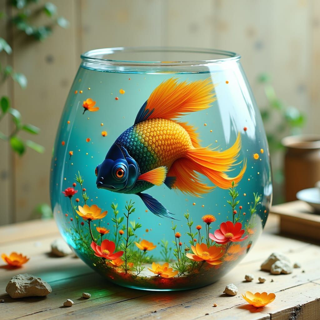 Ornate Fish in Glass Bowl Digital Art