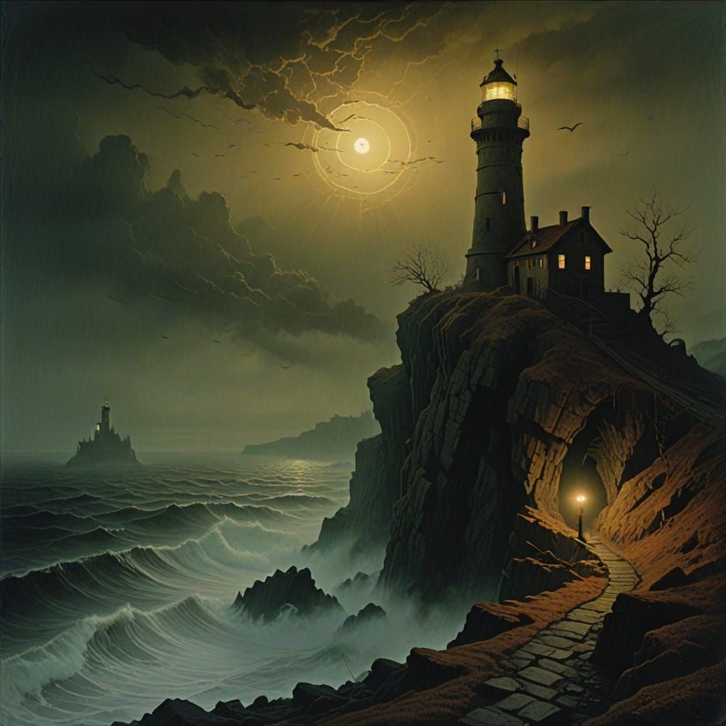Gothic Lighthouse in Autumn Fog, Baroque & Stone Amalgamatio...