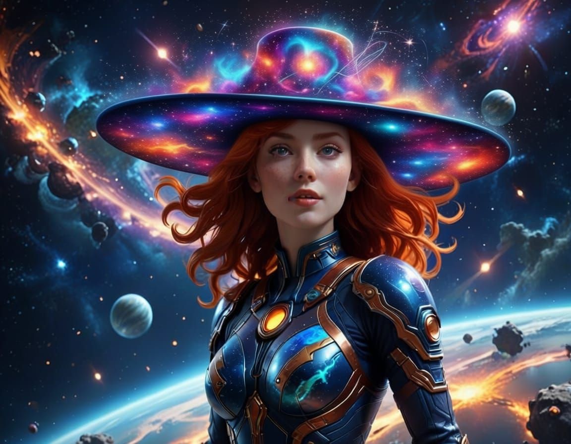 Redheaded Goddess in Nebulae Hat in Cosmic Space