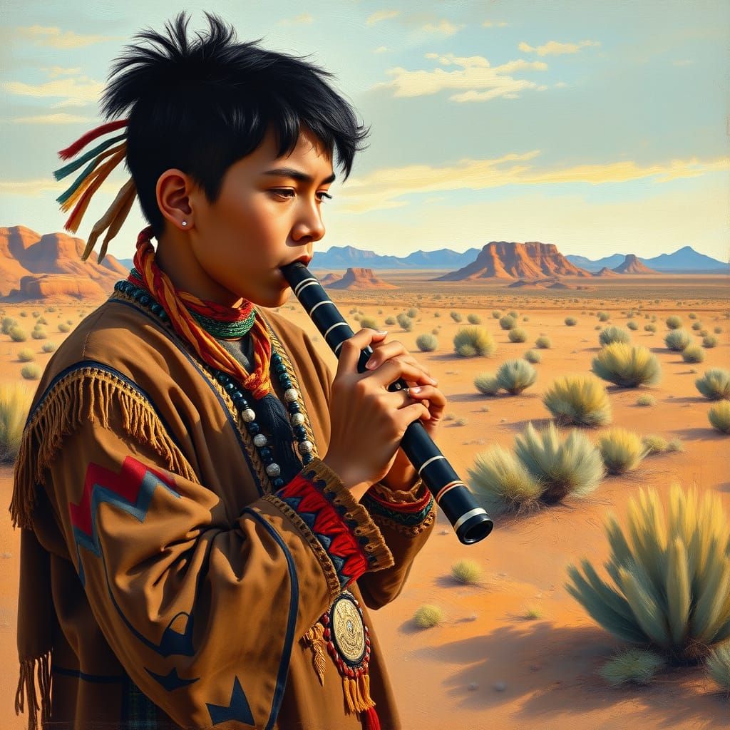 Navajo Teenager Plays Clarinet in Vibrant Desert Landscape