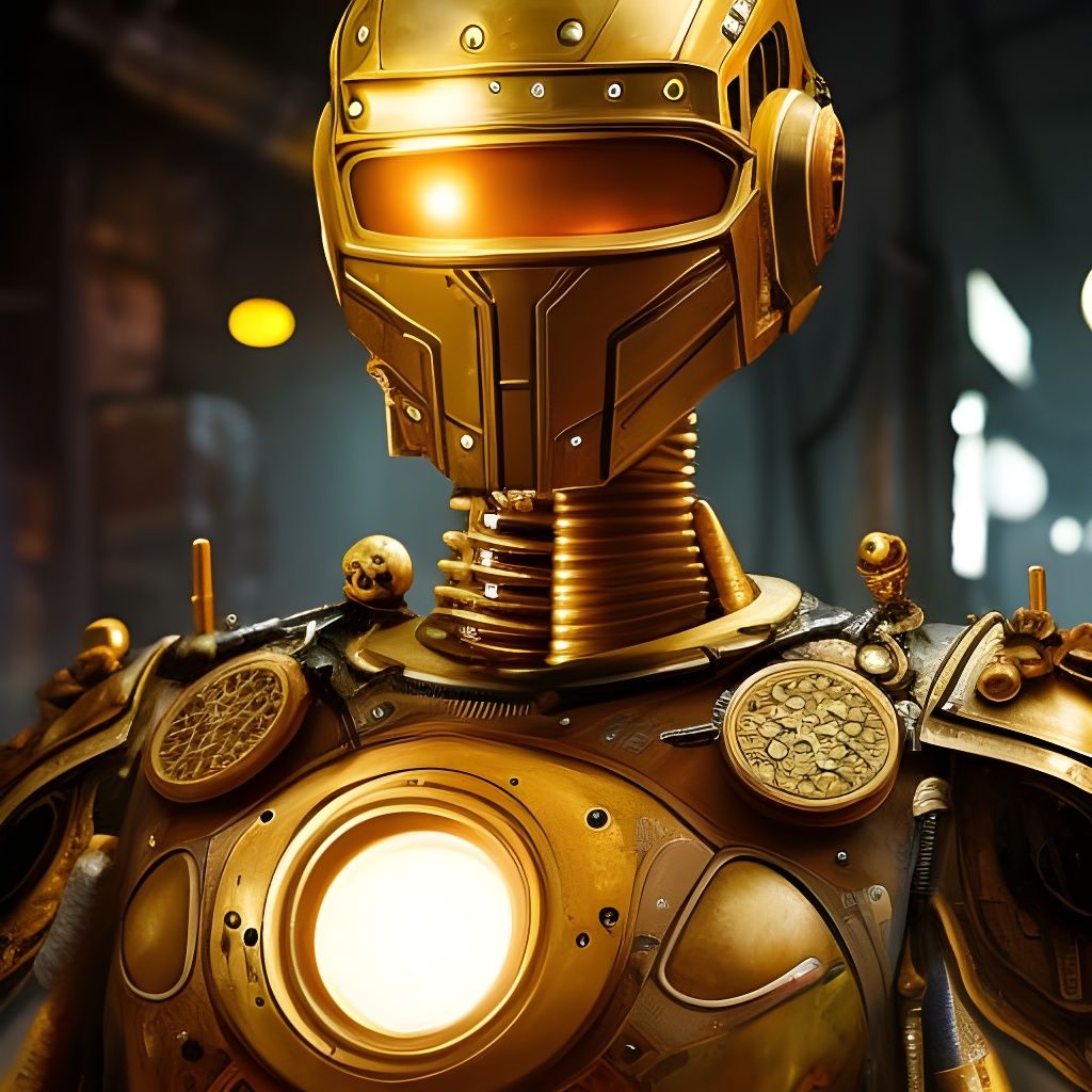 Golden Tattooed Robot in Workshop, Hyperdetailed Photorealis...