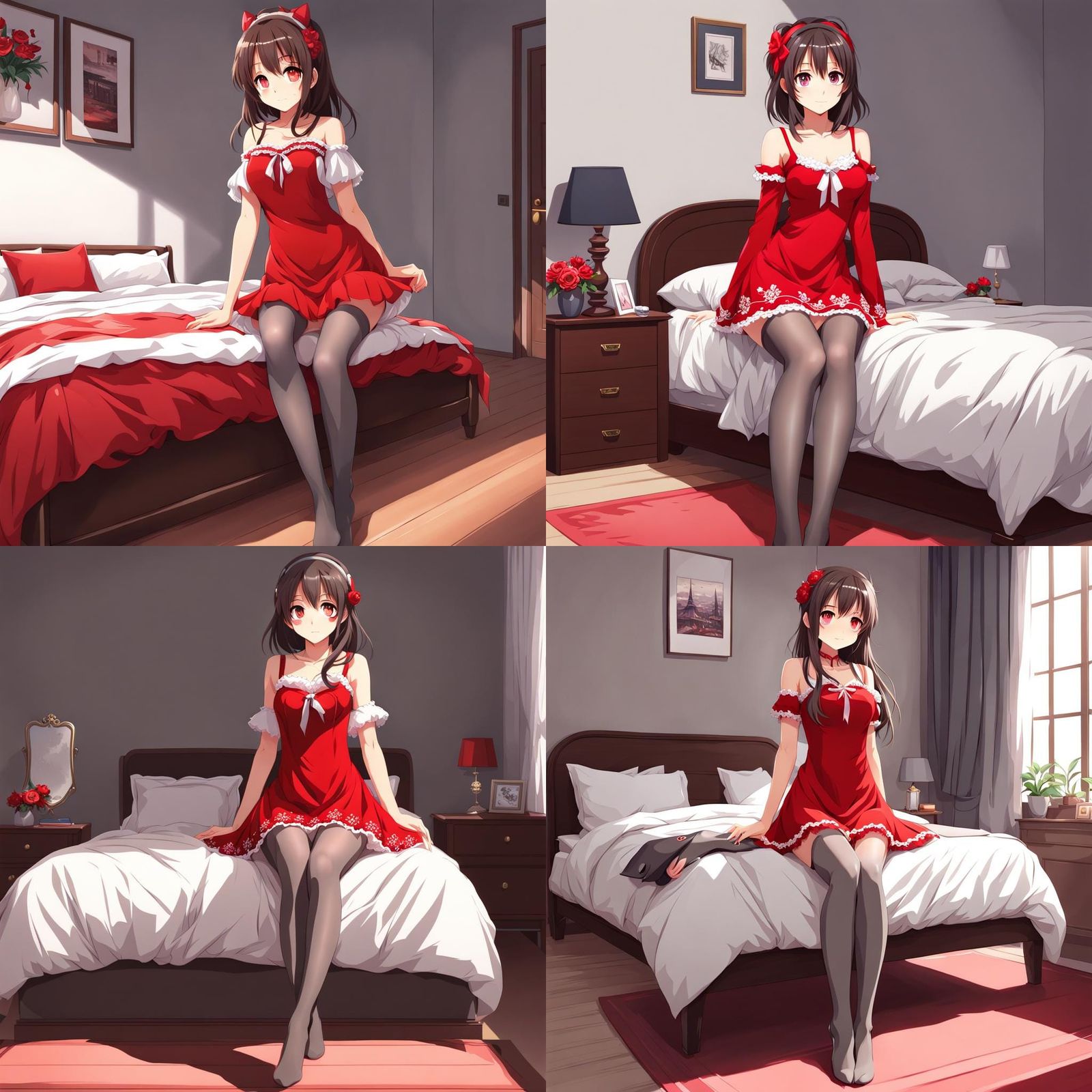 Anime Girl in Red Dress, Barefoot in Bedroom