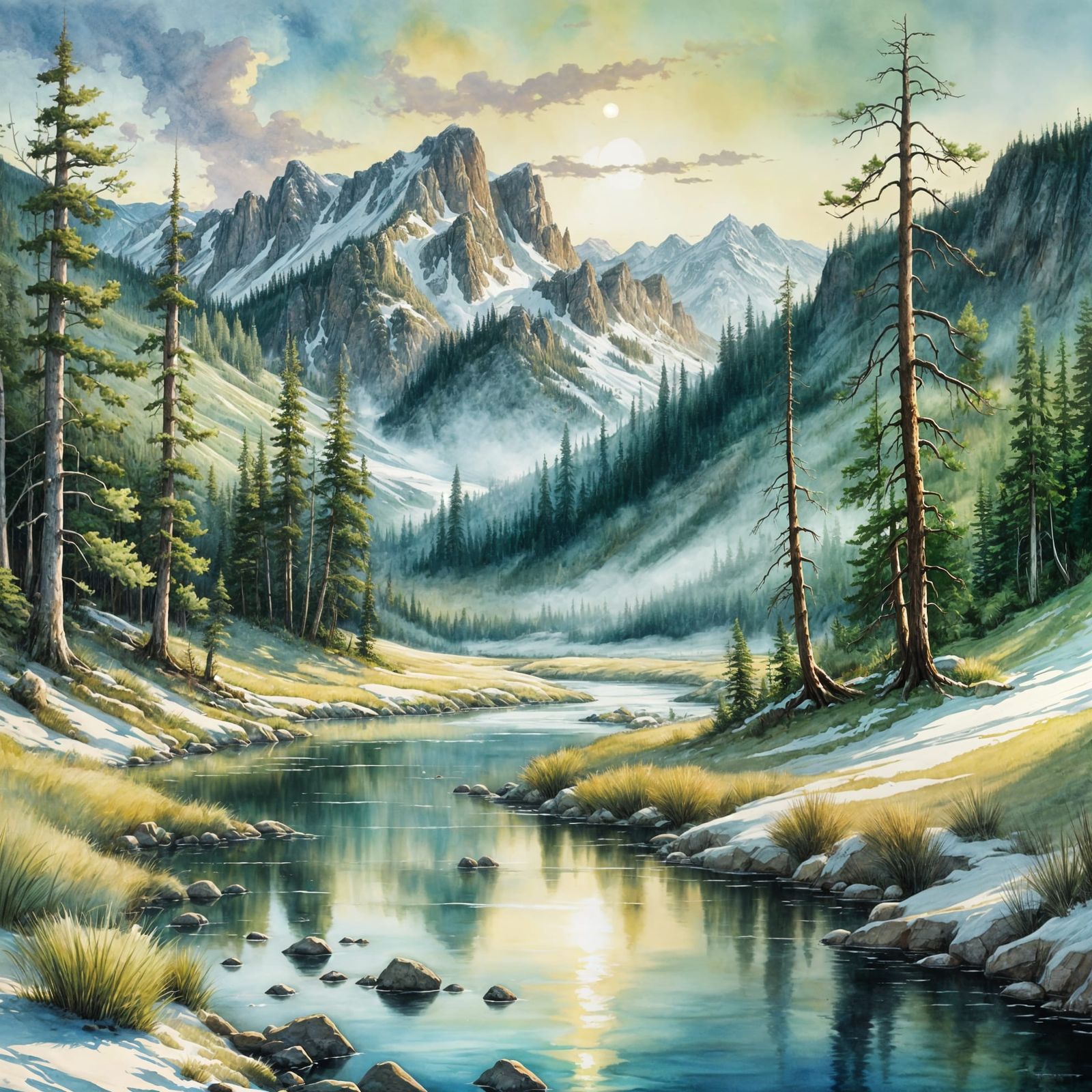 Yellowstone Dawn: A Minimalist Landscape in Rackham Style