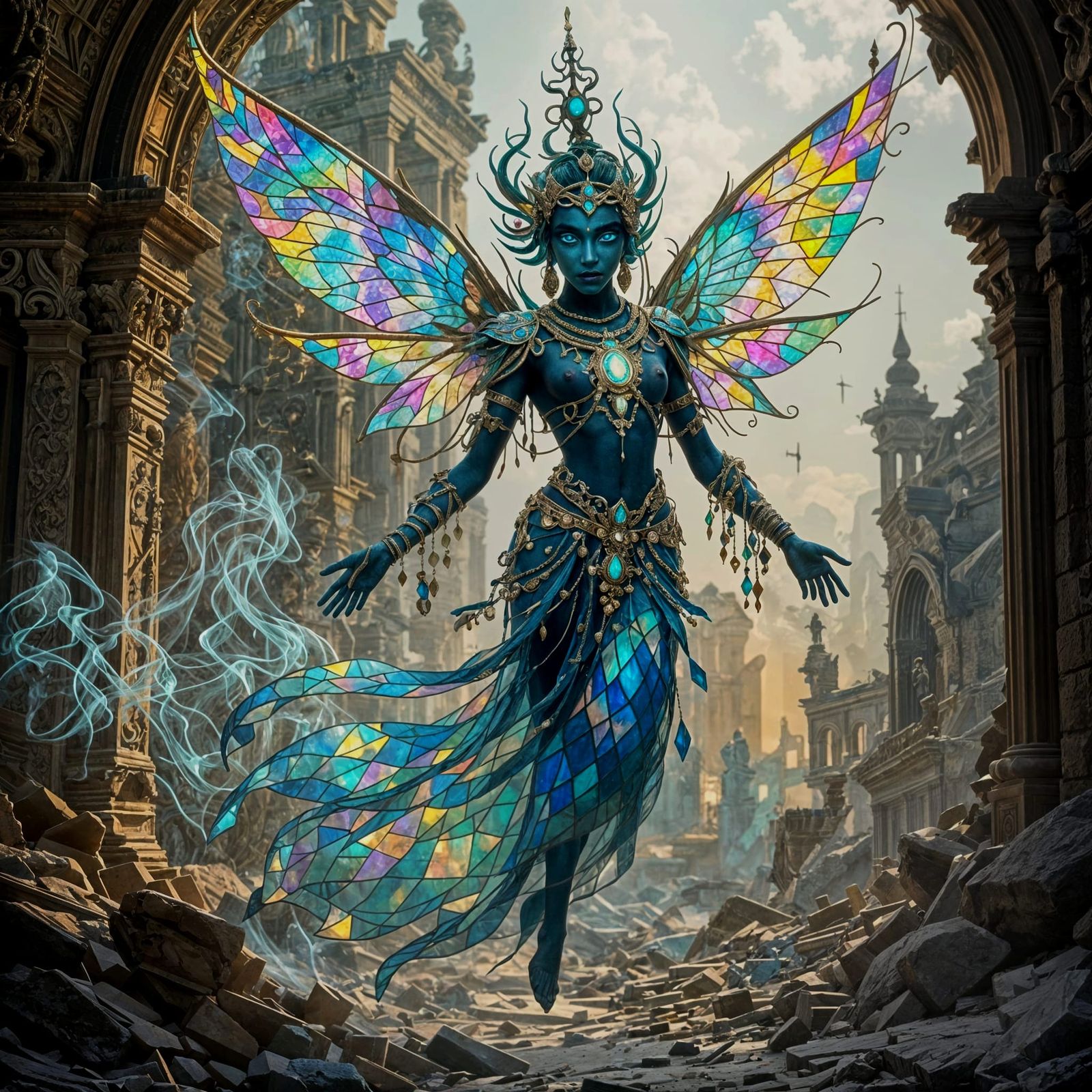 Surreal Djinn Overlooking Ruined City in Psychedelic Art Sty...