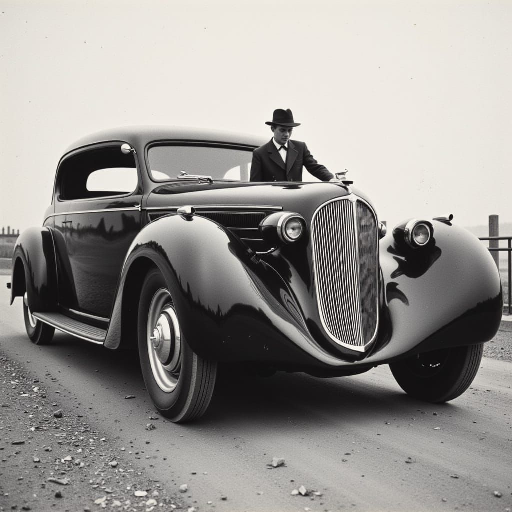 Vintage Streamlined Vehicle in Black and White: A Futuristic...